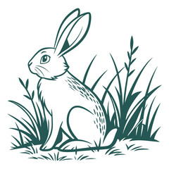 Vector art of the image shows a rabbit sitting in the grass, it is a simple line drawing of a wild animal in nature