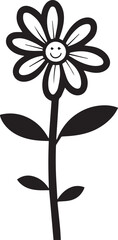 Simple black and white flower with smiling face and leaves