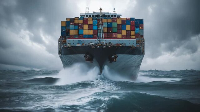 Massive cargo ship navigates rough seas under stormy skies