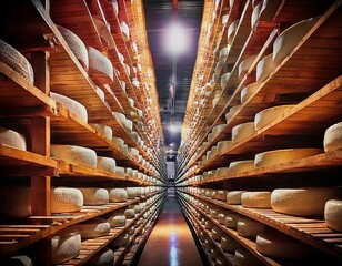 Aged to Perfection: Rows Upon Rows of Cheese Wheels Maturing in a Traditional Cellar.