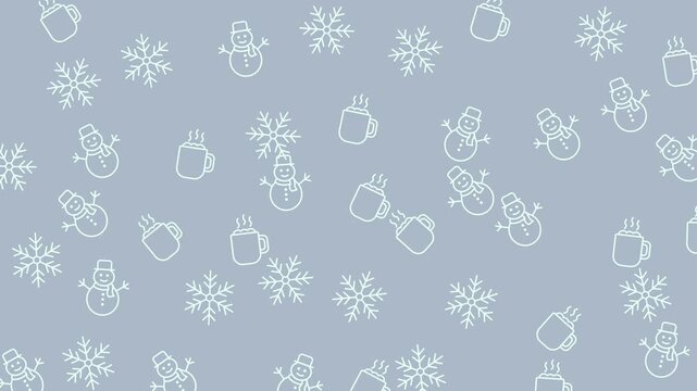 Seamless winter pattern with snowflakes, snowmen, and hot chocolate mugs. Perfect for winterthemed designs like packaging, stationery, and textiles.
