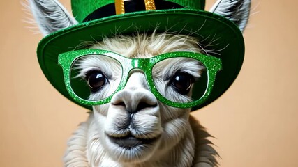 Llama portrait wearing sparkling green top hat and matching glasses, celebrating St. Patrick's Day with a festive look
