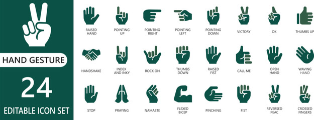A clean vector icon set representing various hand gestures, actions, and movements. Perfect for apps, websites, presentations, and stock platforms needing clear hand visuals.