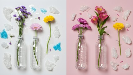 Soft purple and pink flowers in glass vases on bright pastel background