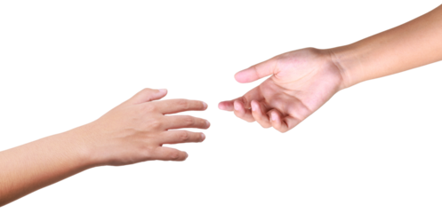 feMale hand extending a helping hand on white background, hand isolated on white background. clipping path