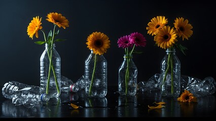 Artistic flower vases under moody light on dark background