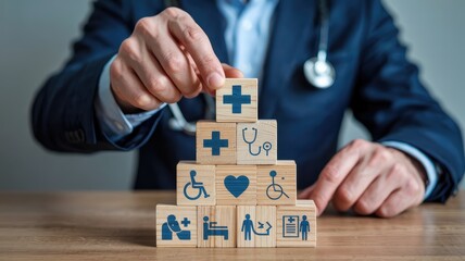 Doctor building a healthcare system from wooden blocks symbolizing insurance, wellness, and medical services for a secure and healthy future