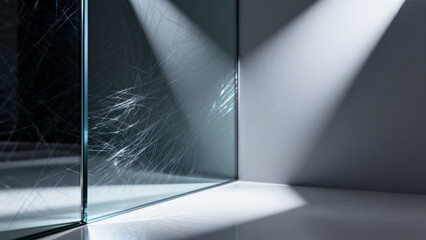 Cracked glass panel with light beams