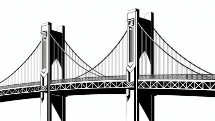 Black and white illustration of a suspension bridge