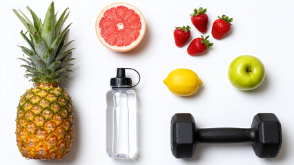 Healthy fruits and water bottle on white