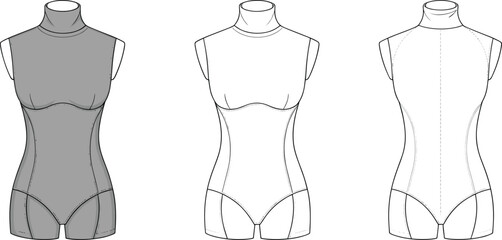 Sleeveless bodysuit flat sketch, cad drawing vector illustration, fashion technical design, high neckline, contour seams, apparel template, garment construction, lingerie
