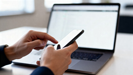 Person using smartphone and laptop