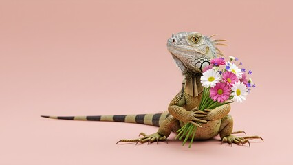 Realistic iguana holding pink flowers on soft beige background