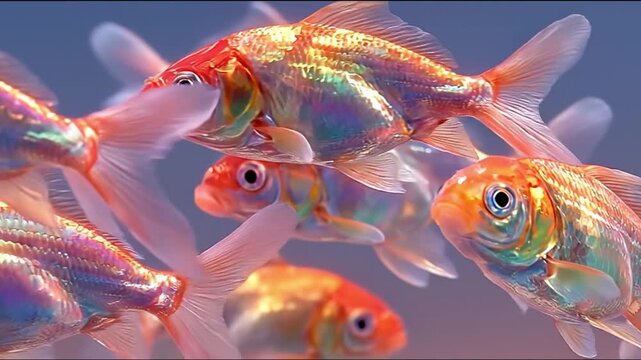 Colorful goldfish swimming in clear water against a blurred background