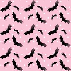 Halloween seamless pattern Bats and white polka dots on pink background spooky spirit autumn holiday Vector illustration