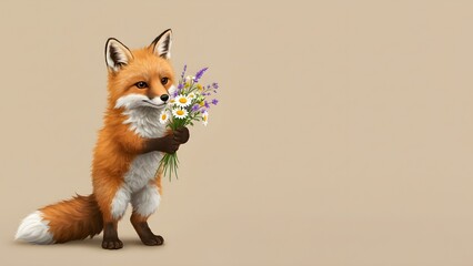 Cute fox holding flowers on light beige background