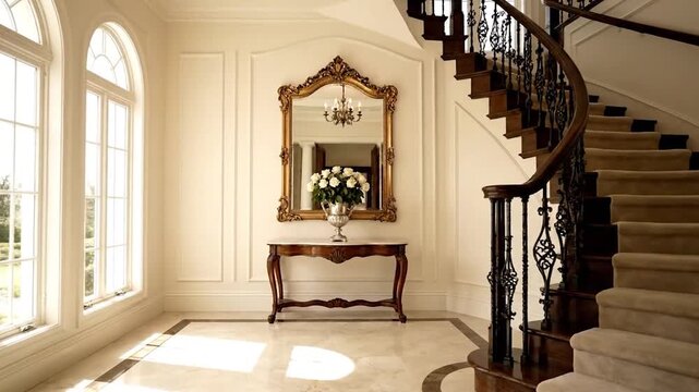 Elegant grand foyer with luxurious staircase and decorative mirror sunny interior design residential entrance hall