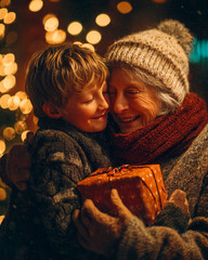 Heartfelt Hug Between Grandmother and Grandson on Christmas