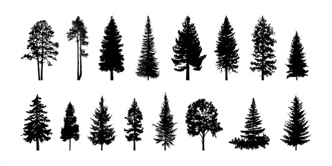 Obraz premium Collection of Vector Silhouettes of Various Trees in Black on White Background