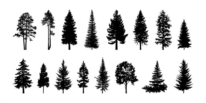Collection of Vector Silhouettes of Various Trees in Black on White Background