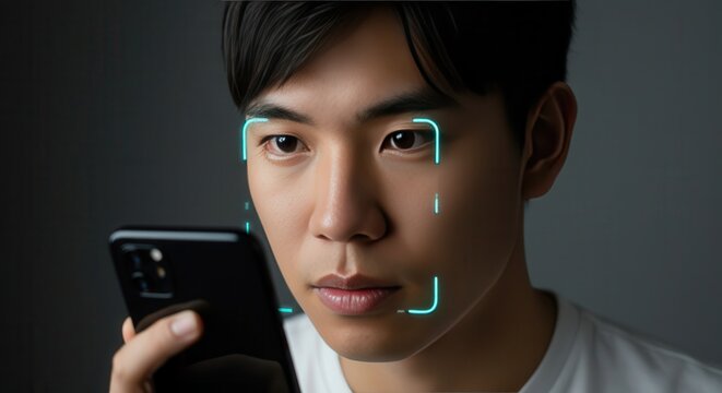 Man uses smartphone for facial recognition technology for security and access.