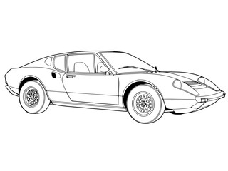 Retro European Sports Coupe outline drawing,line art illustration of a classic mid-engine sports coupe from the 1970's era