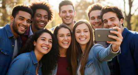 Obraz premium Joyful multi-ethnic group of friends laughing and taking a selfie with a smartphone outdoors, capturing a happy memory together.