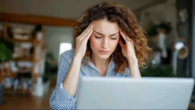 A stressed woman with curly hair striped shirt working laptop home office, experiencing headache, frustration, fatigue, and concentration issues, emotional tension, mental health anxiety, burnout
