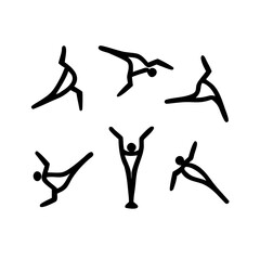 Vector art of a set of abstract stick figure icons showing gymnastic poses, these minimalist designs represent various acrobatic movements