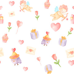 Cute Watercolor Valentine Cupid Pattern with Hearts and Gifts
