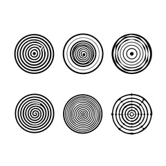 Vector art of six black and white spiral icons a collection of minimalist designs featuring swirling patterns, ideal for various creative projects and graphic design