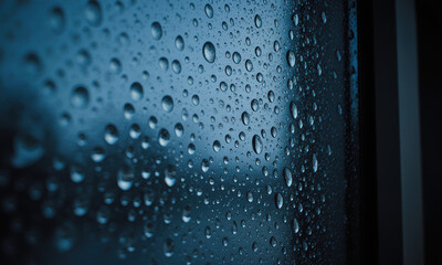 Close-up of water droplets on a dark blue textured surface