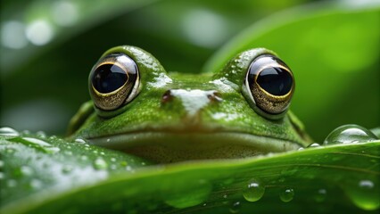 A close-up of a frog resting among lush green leaves, showcasing its vibrant color and distinct, large eyes, covered in droplets of water.