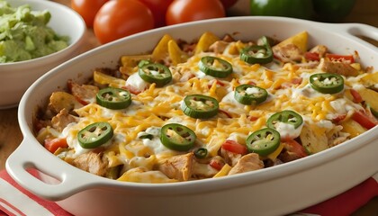 cheesy chicken fajita potato casserole in a dish
