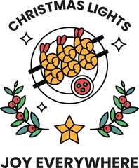 A black and white Christmas light themed image with a plate of food and a star