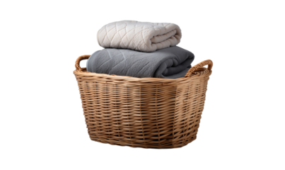 Wicker laundry basket filled with folded white and grey blankets, perfect for home decor concepts