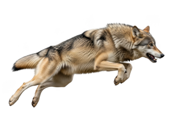 Jumping wolf stock image, wild animal, predator, canine, mammal, wildlife, nature, hunter, running, forest, isolated, png, transparent background, isolated on transparent background