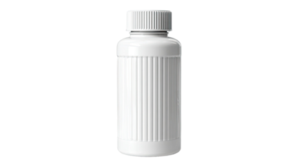 a cylindrical white plastic bottle with ridged cap isolated on white background