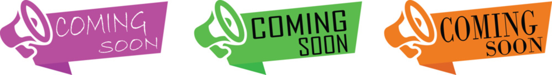 Coming Soon Banner icon set. Banner with megaphone icon, suitable for marketing, launch teasers, or notifications. Open available now sign or coming soon tag. New product release symbol.
