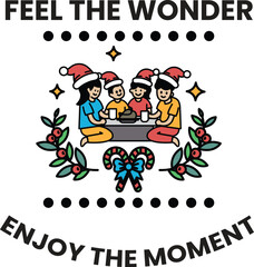 A black and white image of a family sitting around a table with a banner that sa