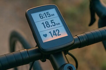 Detail shot of a cycling computer mounted on the handlebars.
