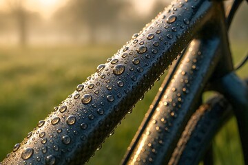 Macro shot of water droplets on a sleek carbon fiber bicycle frame.