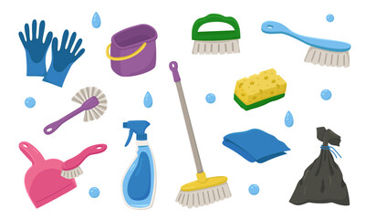 Vector set of cleaning attributes with bubbles. Concept of spring cleaning at home.
