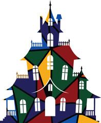Obraz premium Abstract and colorful haunted house or gothic mansion vector illustration with a geometric, stained glass style design, featuring a patchwork of vibrant colors for a modern spooky holiday concept.