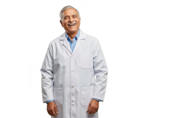 Smiling senior doctor in white coat, happy healthcare professional, medical expert portrait isolated on transparent background