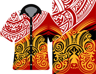 Hawaiian Shirt with Tribal Motif, Polynesian Shirt with Red and yellow Tribal Tattoo Motif, Fiji Island shirt, clothes dress background vector, clothes template, New Zealand T-Shirt, Maori clothes.