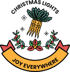A black and white Christmas lights logo with a carrot on top