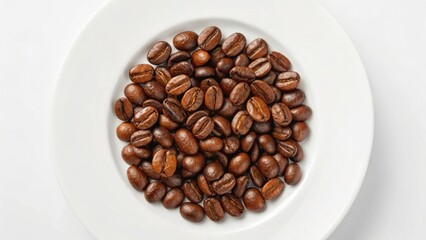 Fototapeta premium A close-up of roasted coffee beans arranged in a circular shape on a white plate, highlighting their rich texture and color.