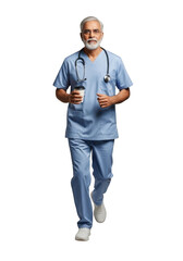 Full body portrait of a mature male doctor in scrubs holding coffee cup walking toward camera isolated on transparent background