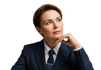 Thoughtful businesswoman in navy suit looking upward, professional female executive pondering strategy, isolated on transparent background